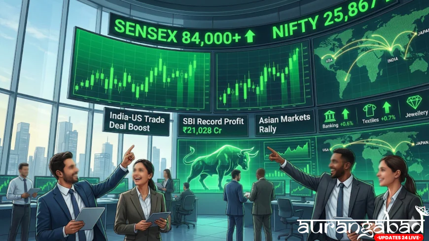 Stock Market Today: Sensex Reclaims 84k, Nifty Near 25,900 as India-US Trade Pact & SBI Results Fuel Rally